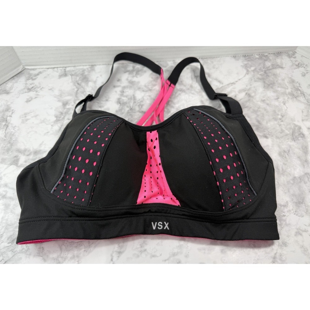 Victoria Secret VSX Incredible Sports Bra 32D Hot Pink & Black Comfy Supportive